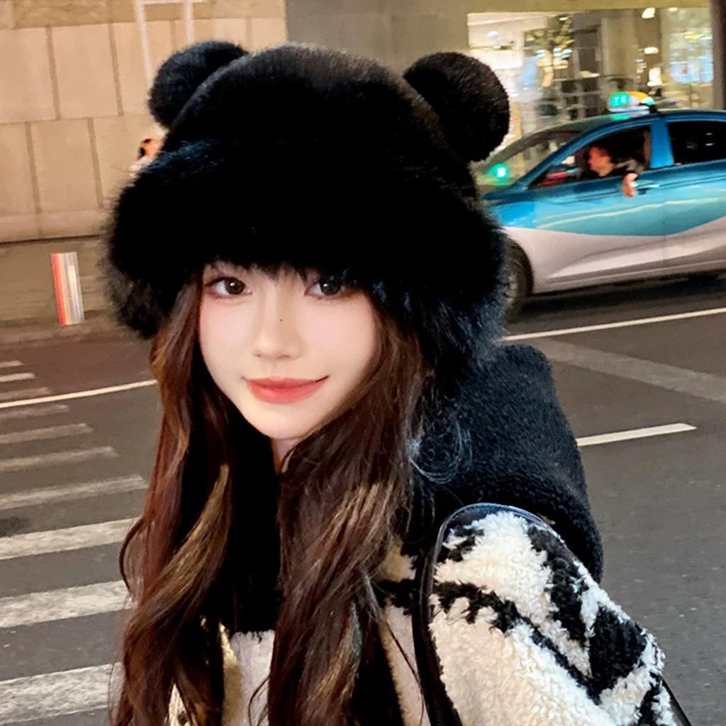 Retro Fuzzy Bear Ear Beanie Hat Pom-pom Ears Bucket Hats for Men and Women Winter Russian Thickened Warm Ear Protector Basin Cap