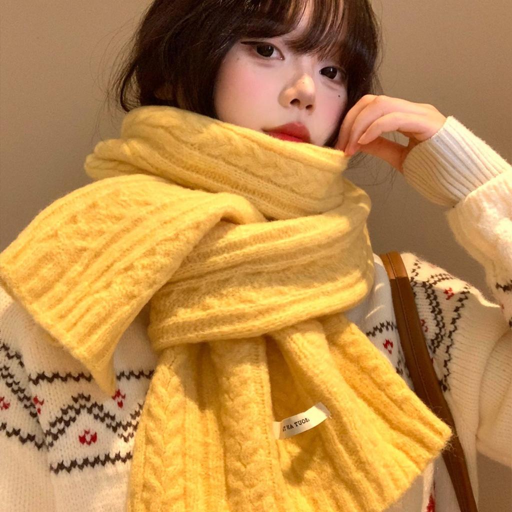 Yellow knitted wool scarf, women's autumn and winter Korean high-end sense, thickened atmosphere, warm and cold-proof neck scarf