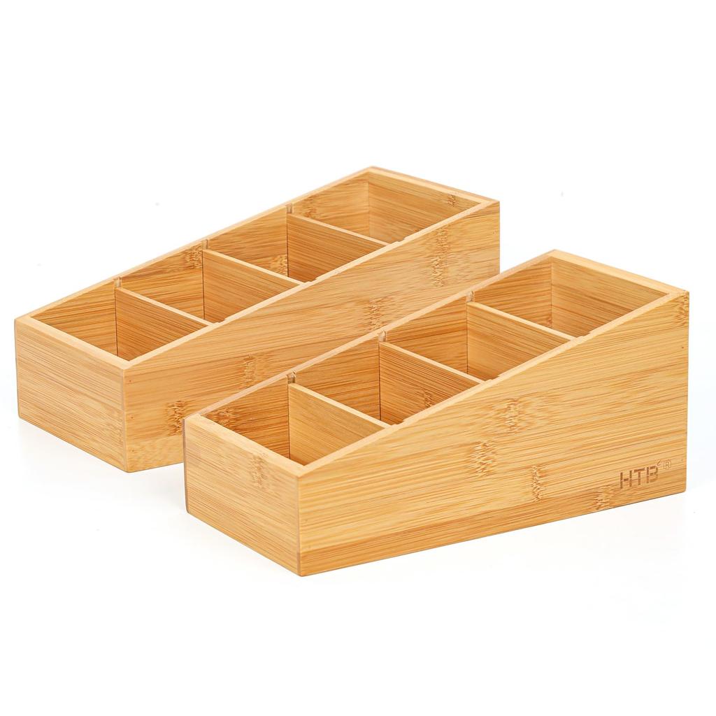 HTB Storage Case ML Set of 2 Storage Box 4 Dividers Removable Natural Bamboo Tabletop Storage Accessory Case Brush Holder Stationery, HTB-TSB2
