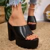 Women's Summer Thick-Soled Leather Black Platform High-Heel Peep-Toe Slide Sandals, Anti-Slip Wedge Style.