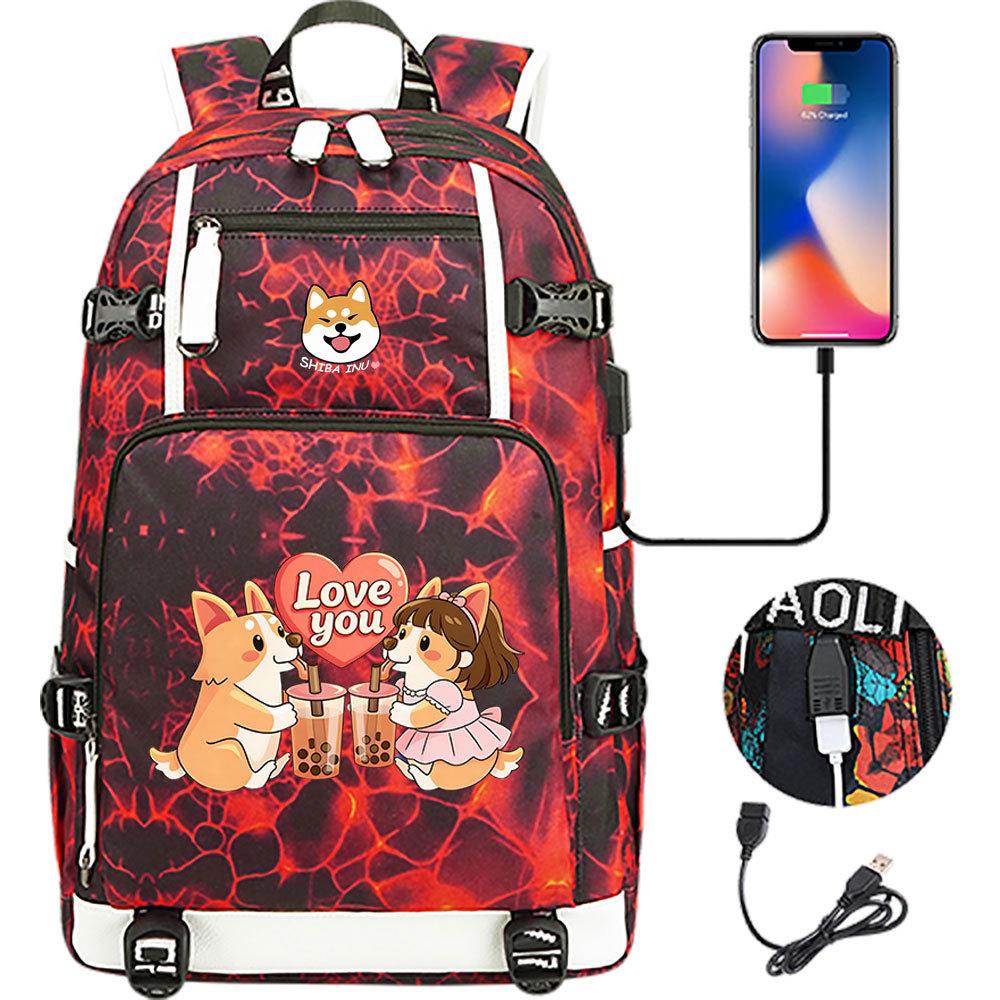 Cute Shiba Inu Corgi USB Charging Backpack for Middle High School Students Travel Casual Daypack
