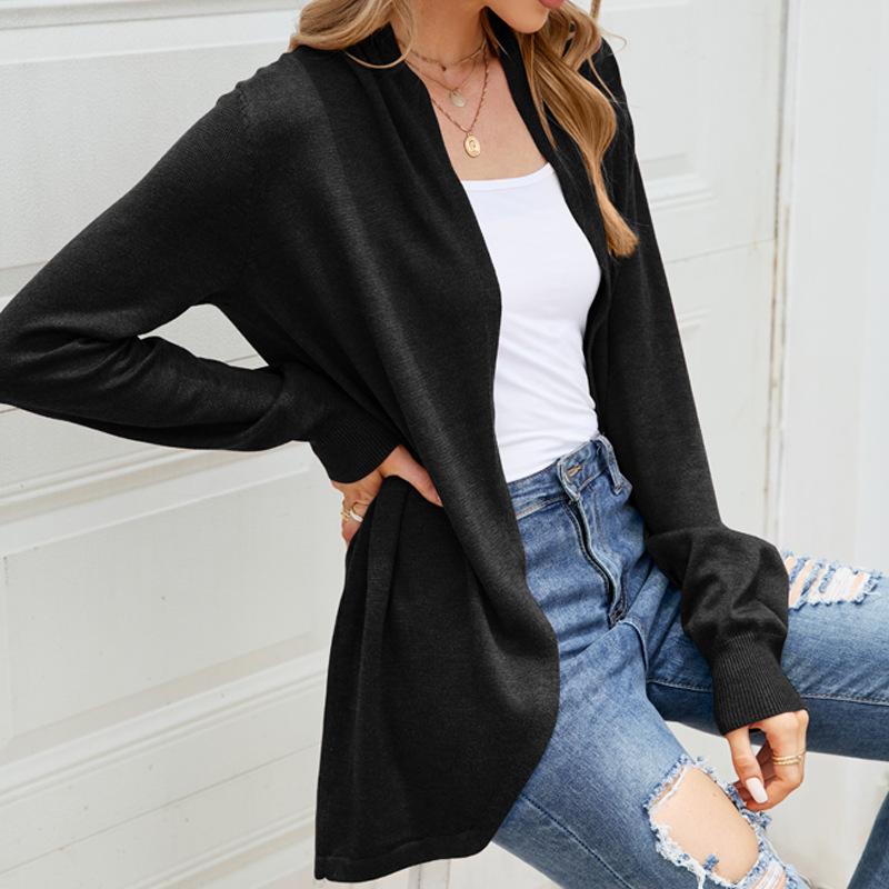 GMXIA Women's Solid Color Print Mid-length Sweater Coat Temperament Loose Knit Autumn Winter Long Sleeve V-Neck Jackets & Coats