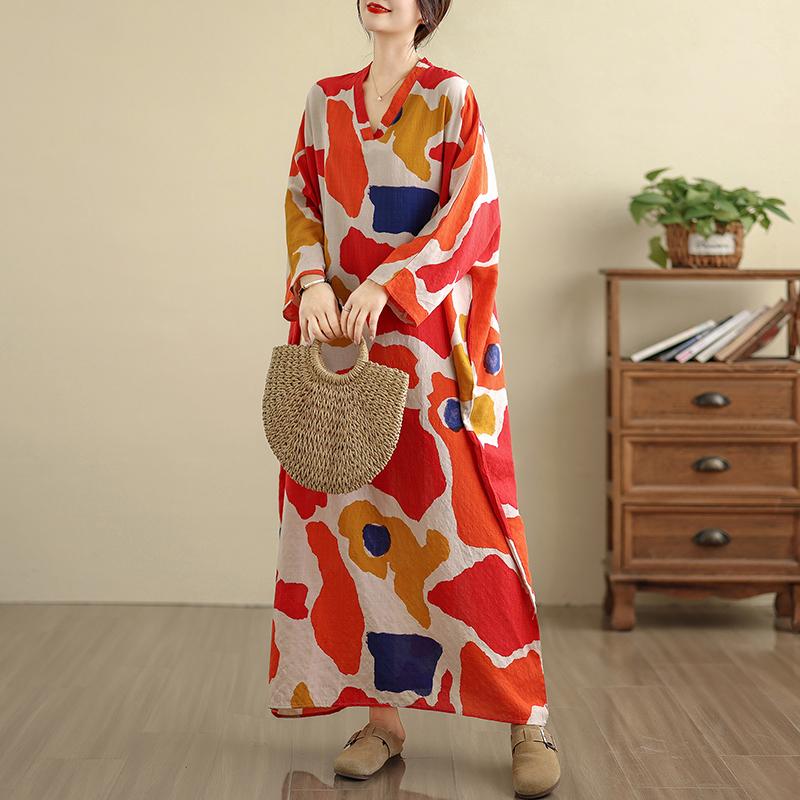 Dimanaf 2025 Women Plus Size Spring Long Dress Loose V-Neck Printing Vintage Casual Floral Oversize Long Sleeve 5036