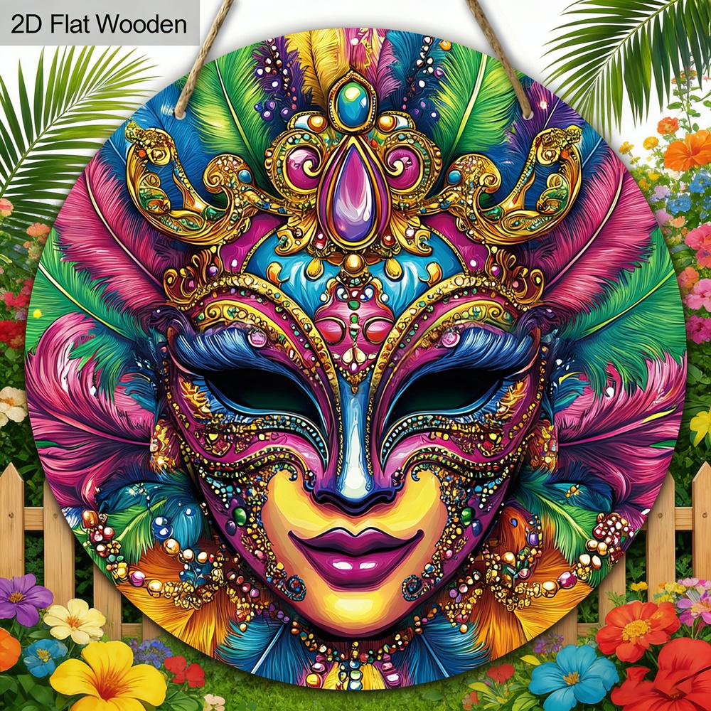 2D Flat, 1pc Mardi Gras Colorful Mask Wooden Sign, Mardi Gras Decoration, Holiday Hanging Decoration, Perfect for Prom Party Decoration, Home