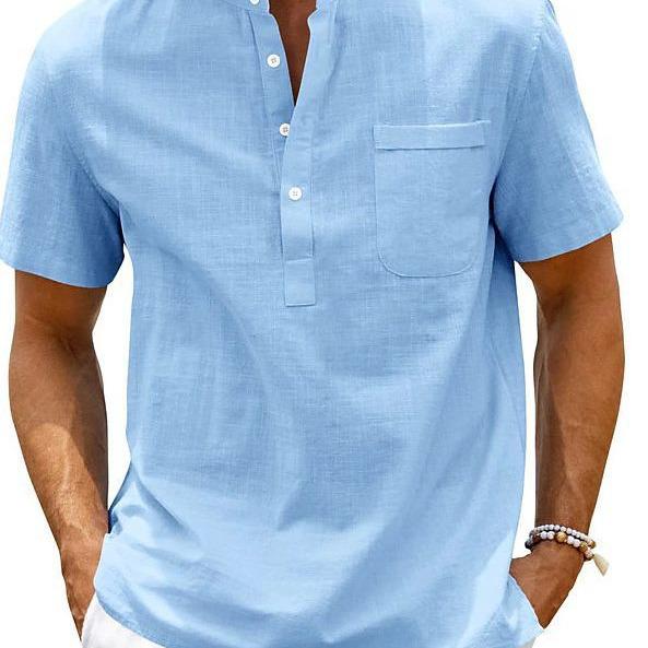 2024 Męska Koszula Plus Size w Jednolitym Kolorze z Krótkim Rękawem i Stójką - Casualowy Styl Europejski i Amerykański