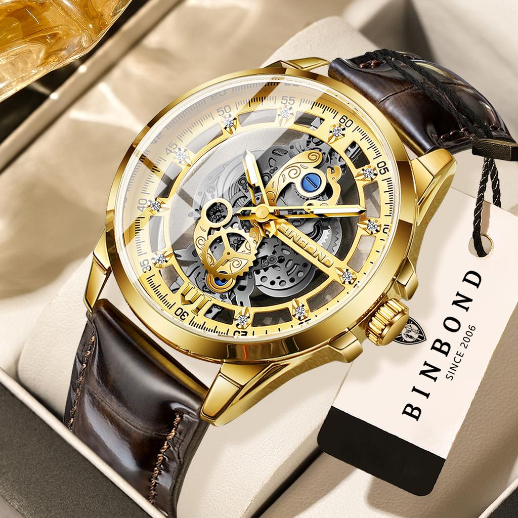 BINBOND Vintage Hollow-out Quartz Wristwatch For Men Luxury Luminous Waterproof Accurate Durable Men's Watch Casual Reloj