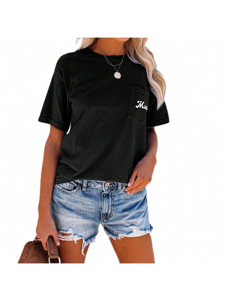 Women's Letter Print Crew Neck T-Shirt Short Sleeve Loose Basic Tee with Pocket