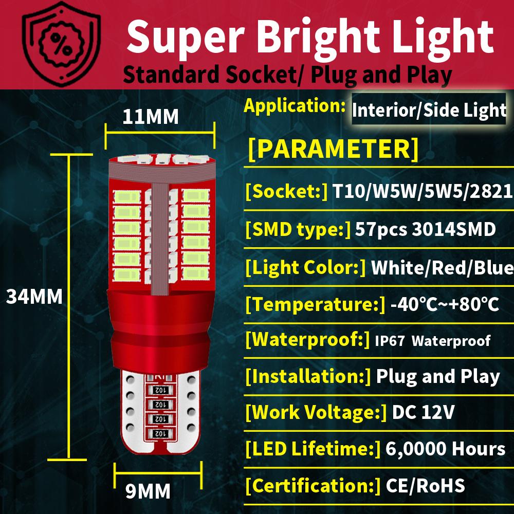 4x T10 LED W5W Canbus Pære Bil Parkeringslys Indvendig Læselampe Parkeringslys Loftslampe Hvid Blå Rød Rav Isblå Ingen Fejl Loftslamper 6