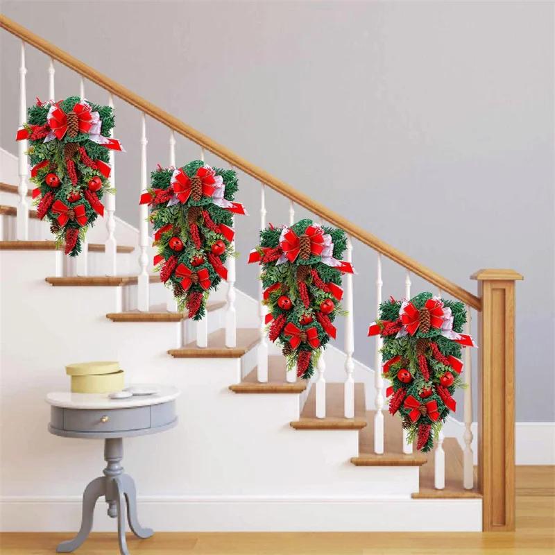 Christmas Decoration Webbing Bells Upside Down Tree Wreath Door Hanging Christmas Bow Pinecone Rattan Hanging Decoration