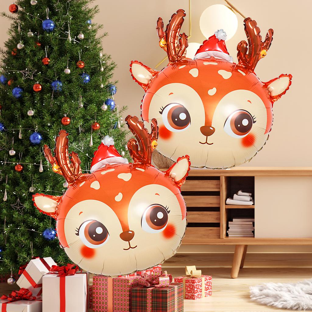 1 szt. balon głowa renifera świątecznego, dekoracja na przyjęcie świąteczne, balon foliowy z czapką Mikołaja, balon na przyjęcie bożonarodzeniowe