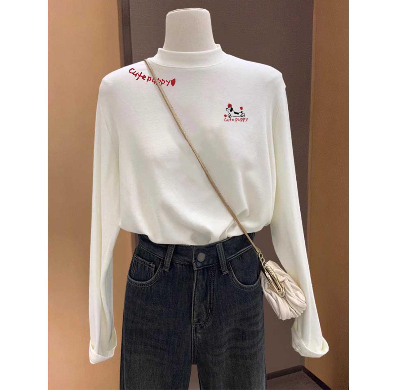 Women s Plush Brushed Half-High Collar Long-Sleeve T-Shirt, Thickened Base Layer, Warm Top M