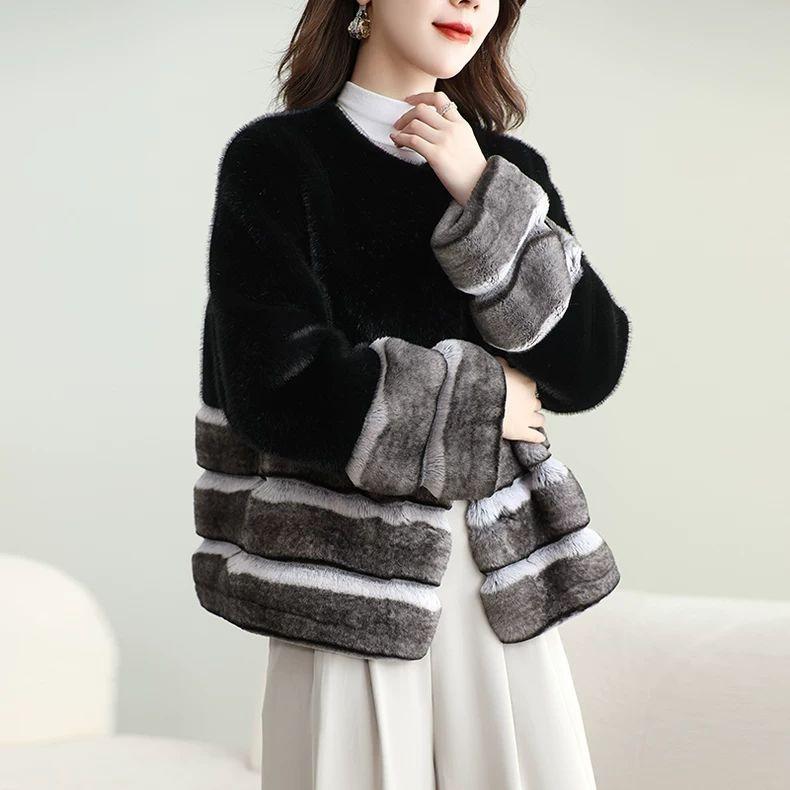 Winter Fashion Women Short Coat Golden Mink Fur Long Sleeve Jacket