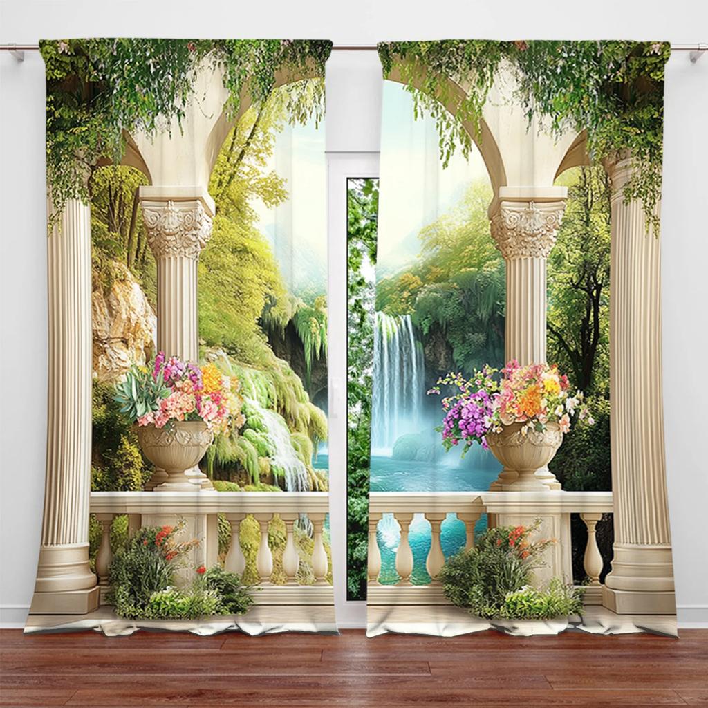 Roman Column Landscape Painting Printed Curtain Home Decor Window Treatment Bedroom Office Kitchen Set Of 2 Made Polyester With Rod Pocket Washable