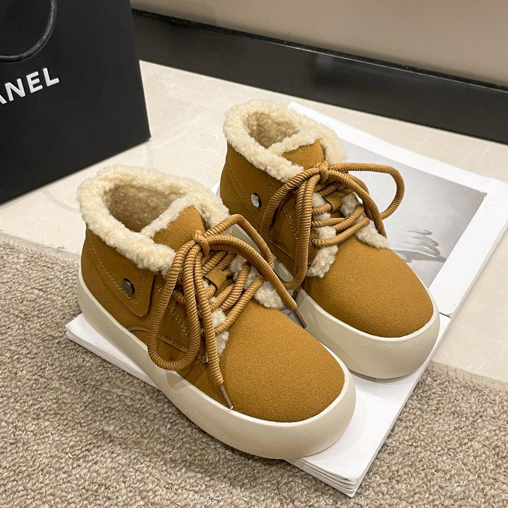 Hohe Schneestiefel Damen neue Herbst- und Winter Samt Thermische Baumwollschuhe Dicksohlige Runde Zehen Schnürung Student Lässige Baumwollstiefel