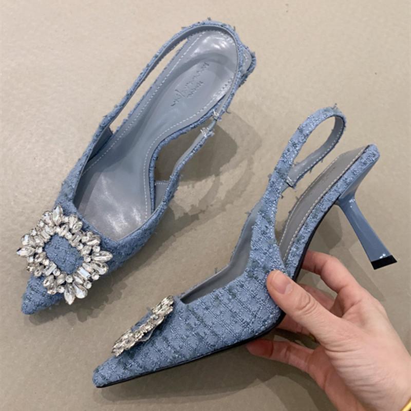 

Fashion Luxury Rhinestone Decorated Brand High Heels Women Fashion Shallow Pointed Toe Thin Heel Slide Sandal Elegant Banquet Dress Shoe 35 синий