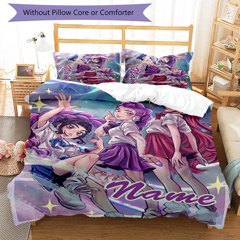 3pcs KPop Demon Hunters4 Cover Set - Personalized Name, HD Printed Bedding with 1 Cover and 2 Pillowcases - Perfect for Home Decor, Easy Care