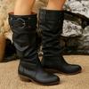 Pleated Pu Leather Knee High Boots Women Vintage Belt Buckle Thick Heel Long Boots Woman Plus Size 36-43 Slip On Western Shoes