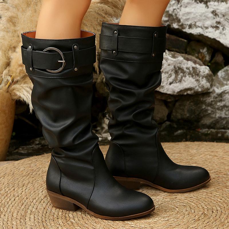Pleated Pu Leather Knee High Boots Women Vintage Belt Buckle Thick Heel Long Boots Woman Plus Size 36-43 Slip On Western Shoes