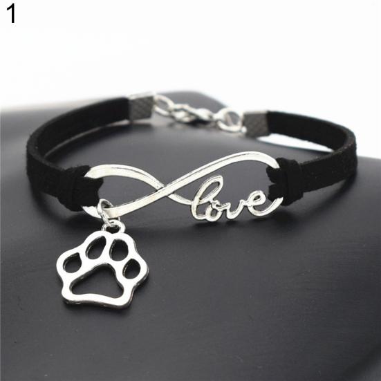 Women Unisex Stylish Paw Pendant Infinity Love Faux Leather Handmade Bracelet