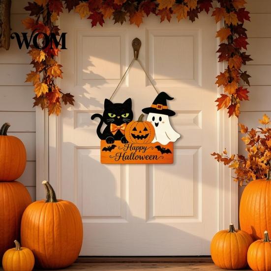 Halloween Wooden Door Sign with Hemp Rope Lanyard, Pumpkin Ghost Printed Hanging Cute Front Plaque Plaque, Wall Art for Porch Party Solid Wood Festive