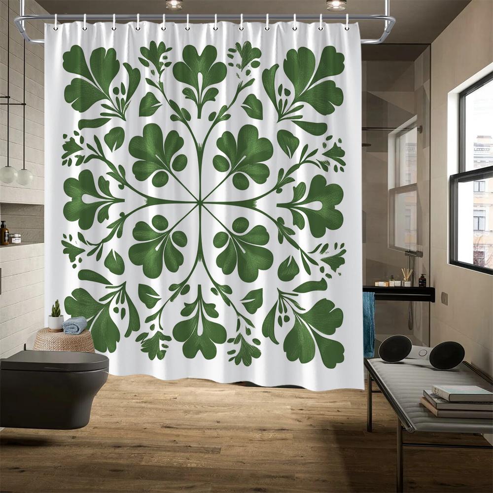 

St. Patrick’S Day Shower Curtain, Festive Shamrock & Floral Print, Rustic Green Design, Polyester, Holiday Bath Dcor W60H190(CM)-1 Pcs