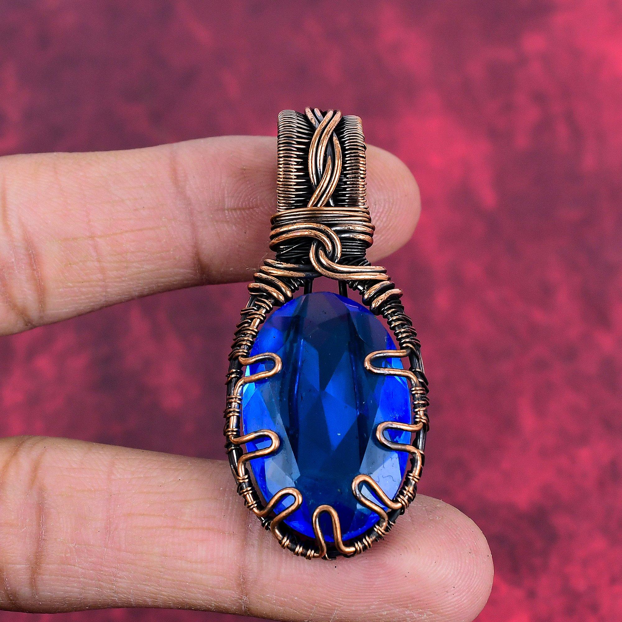 Faceted london blue topaz pendant copper wire wrapped pendant designer jewelry handmade pendant copper jewelry gemstone pendant gift for him