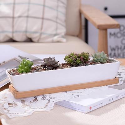 Modern Flower Cactus Herb Planter with Bamboo Tray Ceramic White Rectangle Succulent Plant Pot, for Indoors Outdoor Home Garden Decor