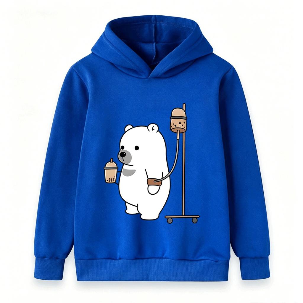 Kids Unisex Boys Girls Hooded Sweatshirt, Cute Cartoon Polar Bear Drink Bubble Tea Print Casual Pullover Hoodie, Soft Cozy Long Sleeve Tops for Daily