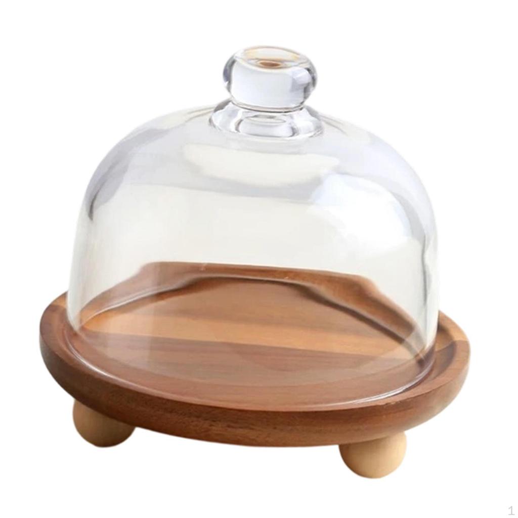Cake Stand Serving Tray with Lid Wooden And Glass Contaminant Suitable for Kitchen Birthday Table