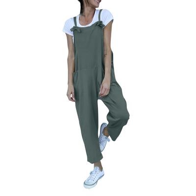 Feminino solto cintura alta bolso moda cor sólida algodão linho suspender macacão