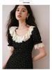 Black French Lotus Leaf Collar Floral Tea Dress - 2024 Summer Luxury Mid-Length Short Sleeve