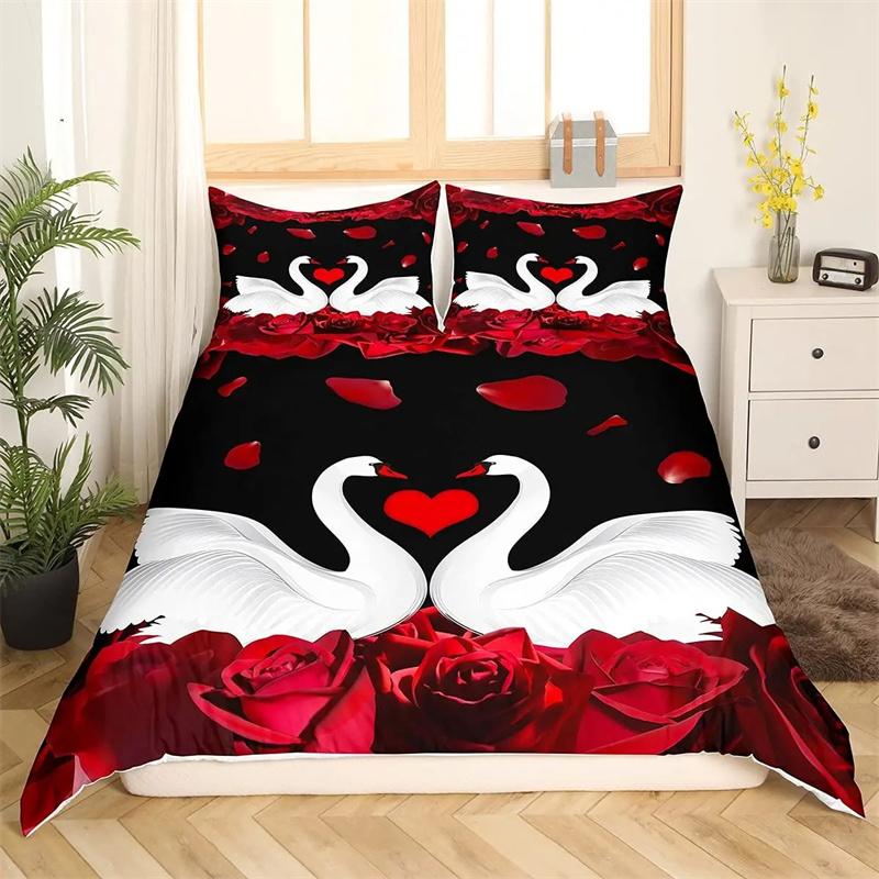 Husa de plapumă cu trandafir roșu și lebădă neagră și albă Cuvertură romantică cu flori Paturi cu animale sălbatice pentru decor cameră de zi Femeie Doamnă Nuntă