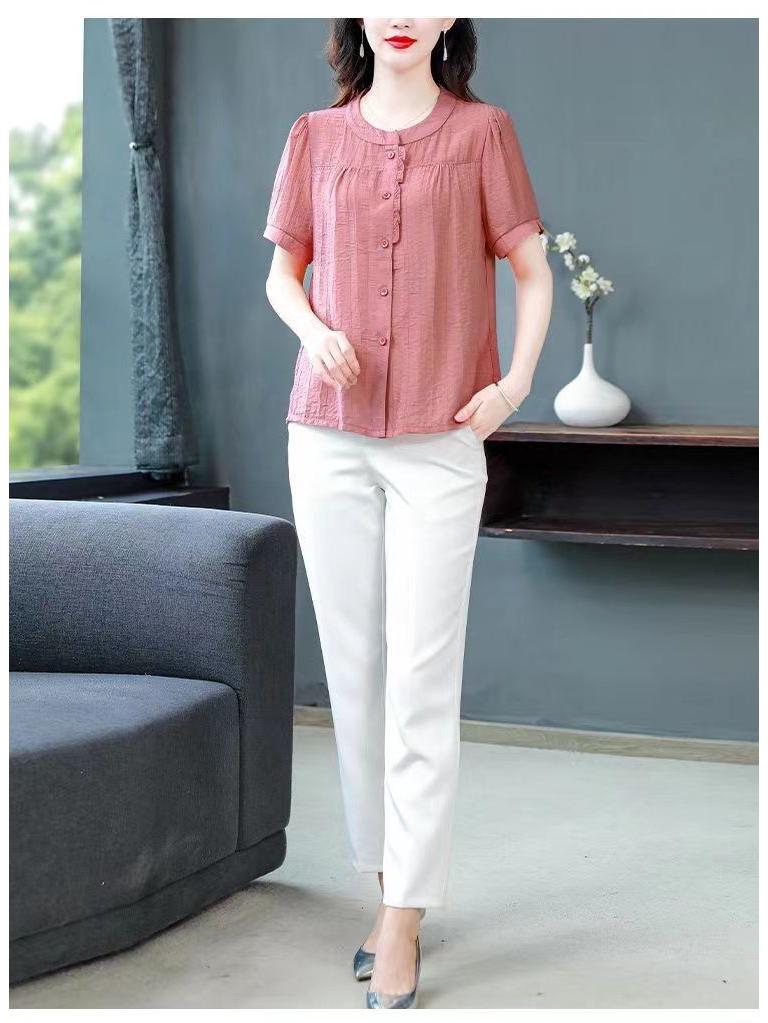 Spring/Summer 2025 Cotton-Linen Loose Slimming Round Neck Solid Color Blouse for Moms