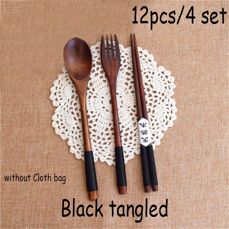 Wood Portable Tableware Wooden Cutlery Sets Travel Dinnerware Suit Environmental with Cloth Pack Gift