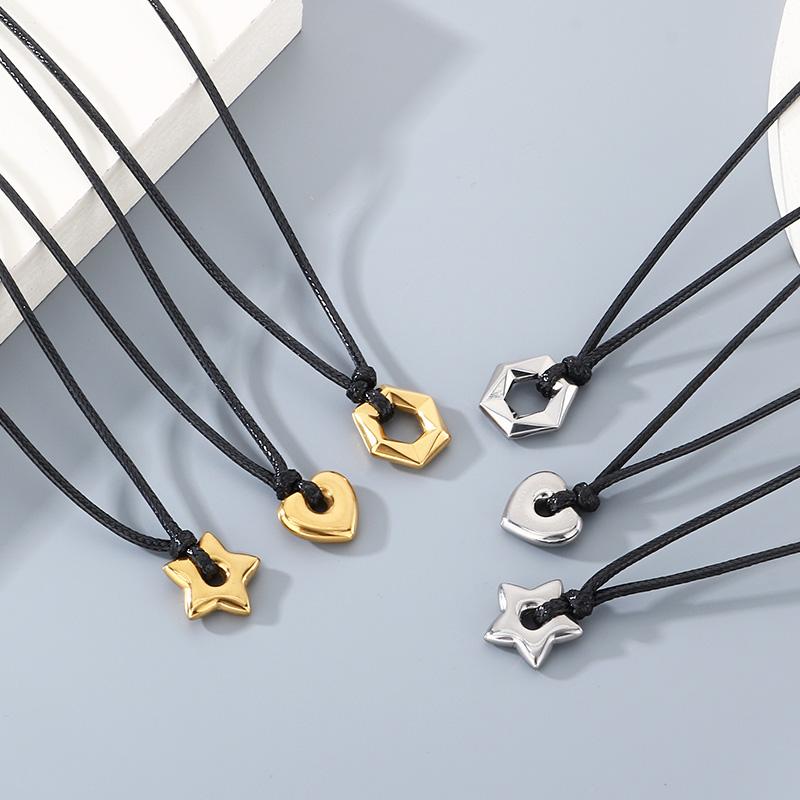 Minimalist Stainless Steel Pendant Necklace for Men Women Star/Heart/Hexagon Charm on Black Nylon Cord Choker Trendy Jewelry