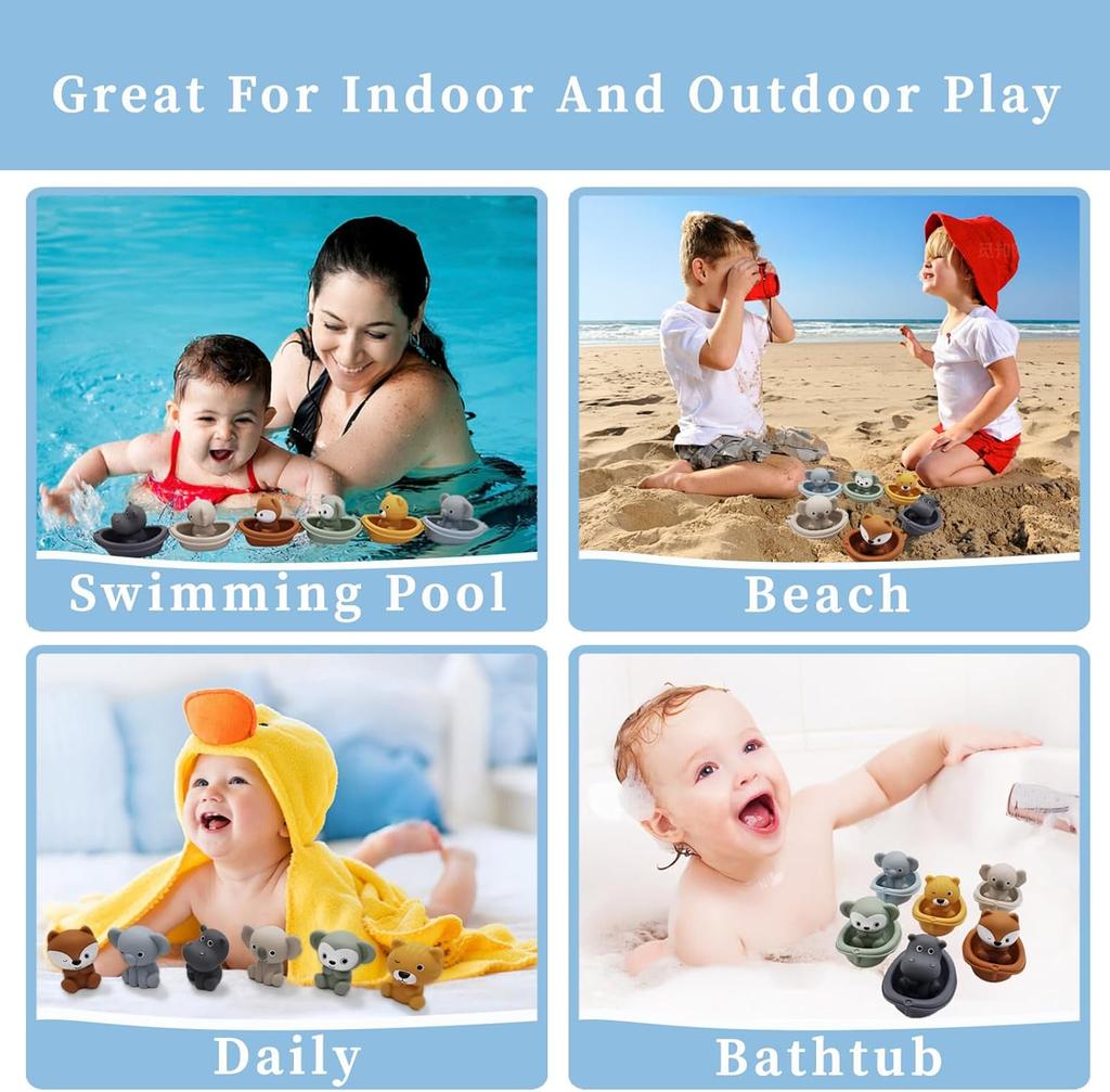 Baby Bath Toys Stacking Bath Boat Toy Silicone Adorable Animal Finger Puppets for Children Interactive Floating Squeeze Toy Gift