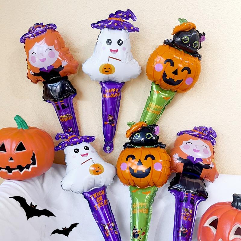 50/10Pcs Cute Balloon Stick Halloween Witch Pumpkin Cat Ghost Balloons Festival Aluminum Film Globos Halloween Decoration Supply