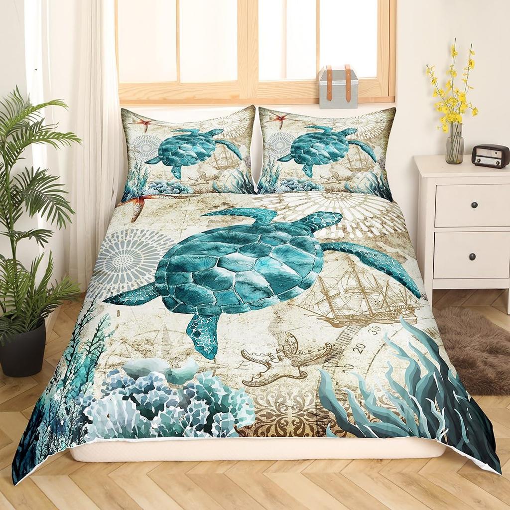 Erosebridal Mermaid Tail Comforter Cover,Kids Fish Scales Duvet Cover Twin,Girly Shell Starfish Bedding Set Ocean Life Sea Animal Bed Sets P