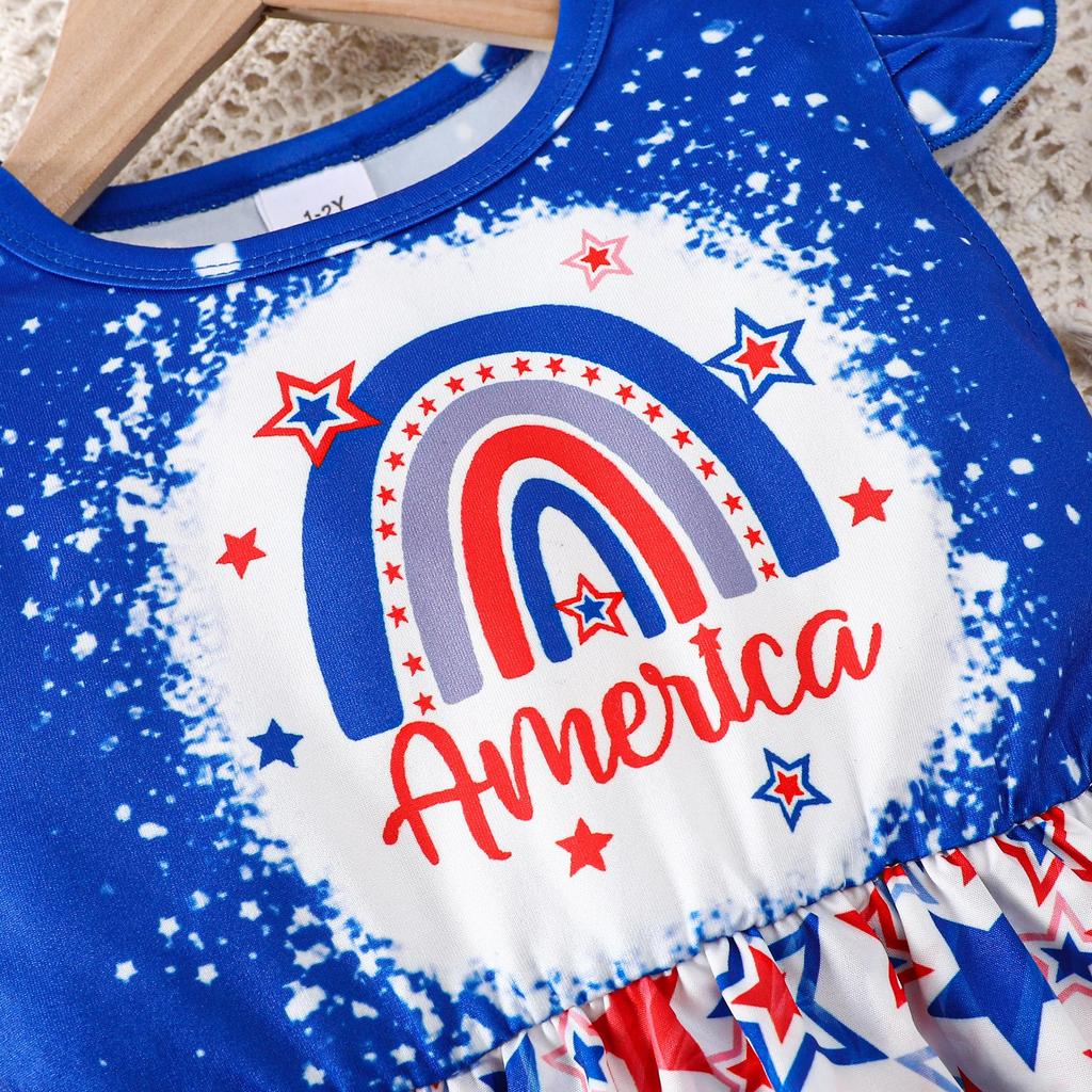 Mädchen 1-8J Amerikanischer Unabhängigkeitstag Sterne Aufdruck Ärmellos Lässig Sommerkleid Kinder Sommer Outdoor Strand Urlaub Sommerkleid