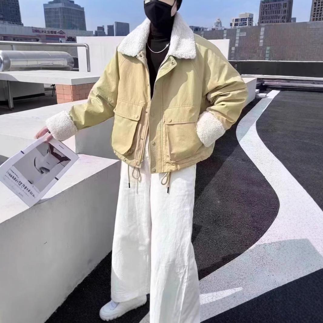 

Women s 2024 Korean Style Fleece-Lined Lambswool Collar Winter Coat - Casual, Slimming Parka Medium брудно-білий