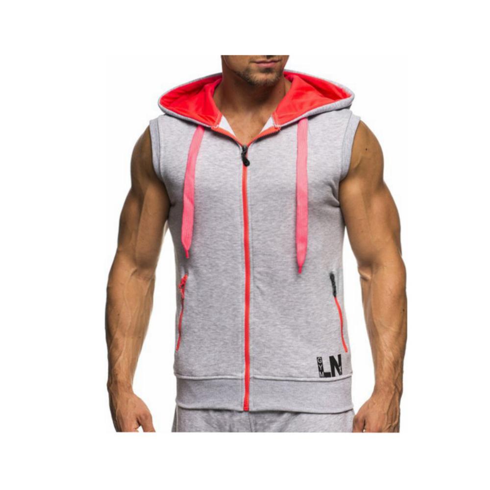 Men's Summer Casual Sleeveless Jacket Fashion Contrast Color Design Hooded Zipper Cardigan Slim Fit Letter Printed Coats