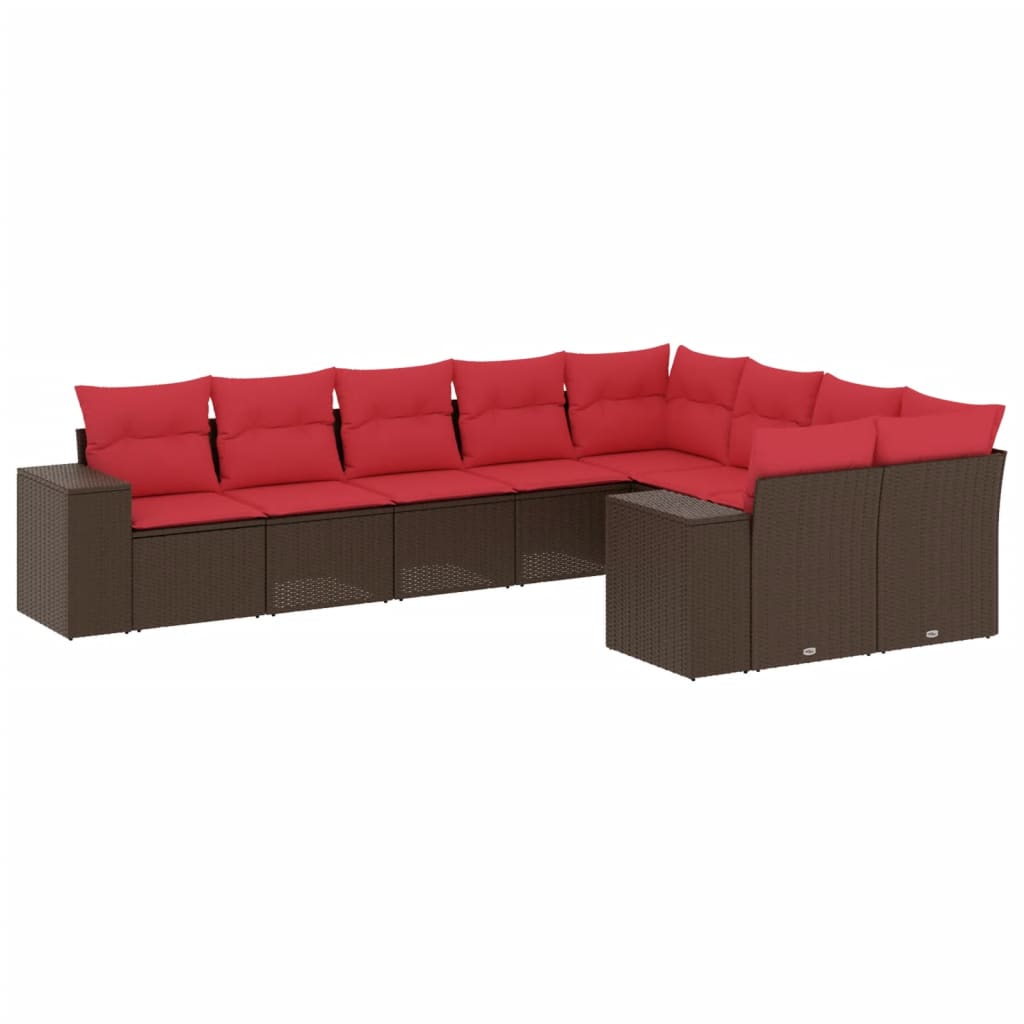 9 Piece Garden Sofa Set with Cushions Brown Poly Rattan
