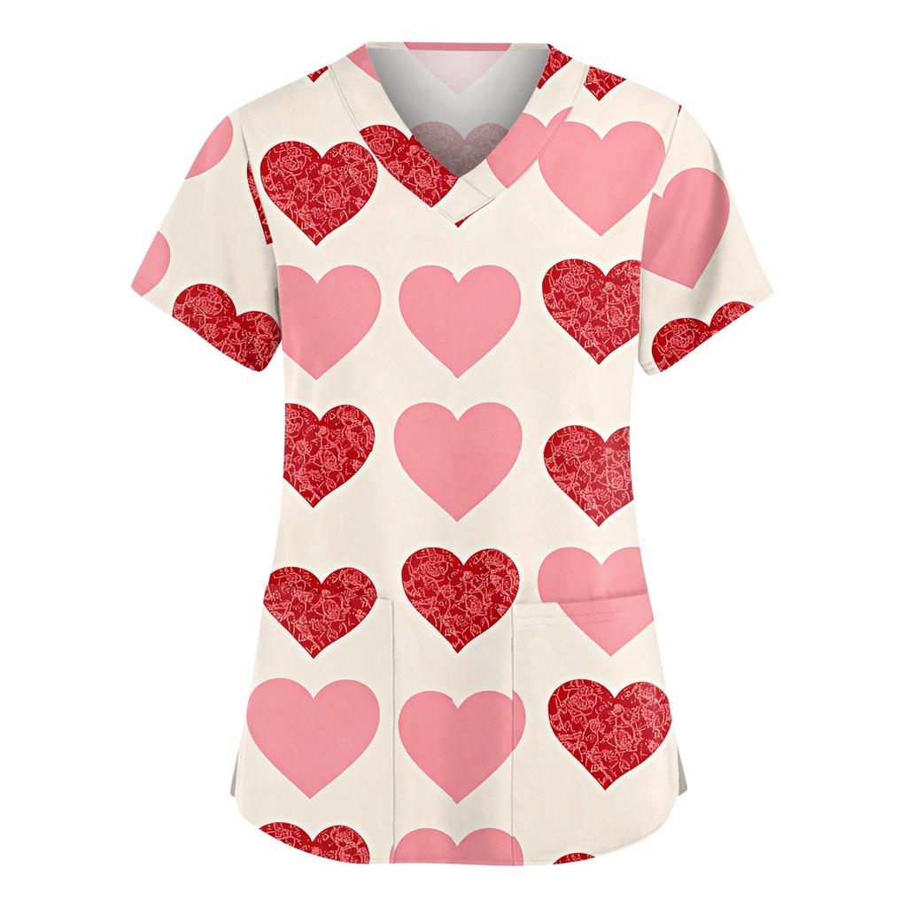 Women V Neck Short Sleeve Printed Heart Pattern Top Casual Loose Fit Pullover Blouse Tunic Shirt For Daily Wear