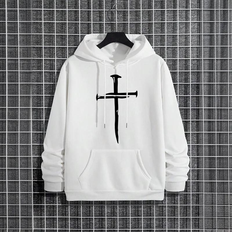 Cross Print Mens Casual Hoodies 2025 Urban Streetwear Fashion Hip Hop Hooded Sweatshirt Male Trendy Street Style Hoody