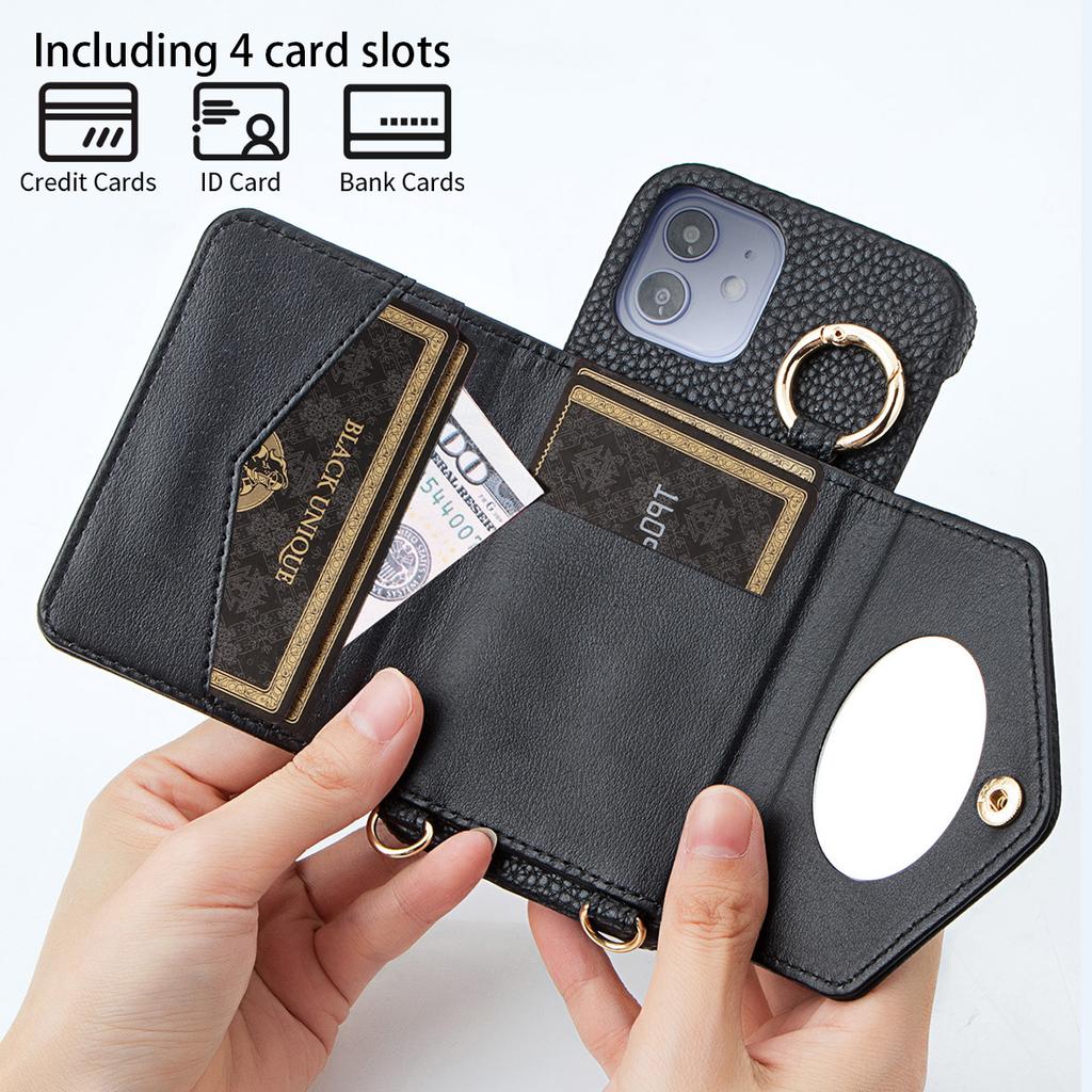 Fashion Girl Faux Leather Phone Case For IPhone16 15 14 13 12 11Pro Pro Max Plus7 8 XS XR Fall-proof, Crossbody Bag with Mirror