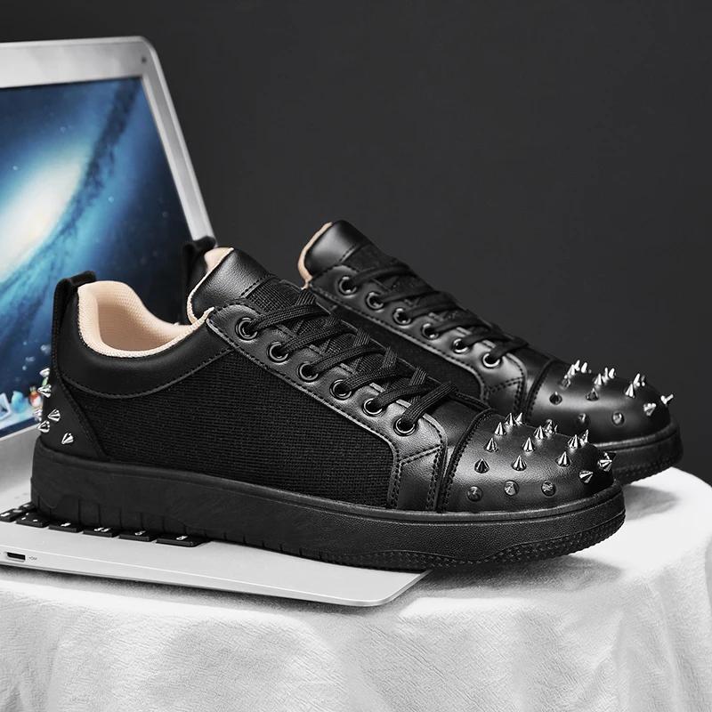 

2025 Новый стиль уличная одежда персонализированные кроссовки, мужская трендовая обувь кэжуал для спорта с заклепками, дышащая парусиновая обувь 44 чёрный