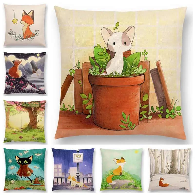 Newest Cute Cartoon Sofa Pillow Cover Black and White Cat Funny Fox Cushion Cover Throw pillowcase