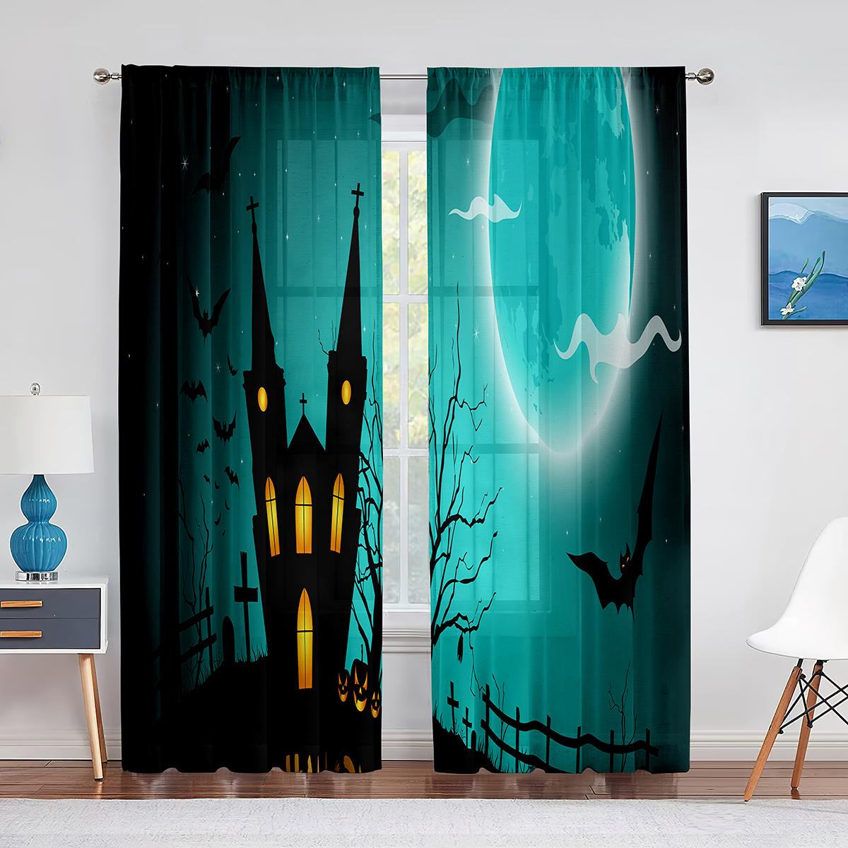 

Мультфильм Хэллоуин Ночь Прозрачная Вуаль Шторы Ужас Лес Замок Тыква Окно Тюль Шторы для Гостиной Спальня Шторы 1 PCS W100XH250cm&Grommet Top