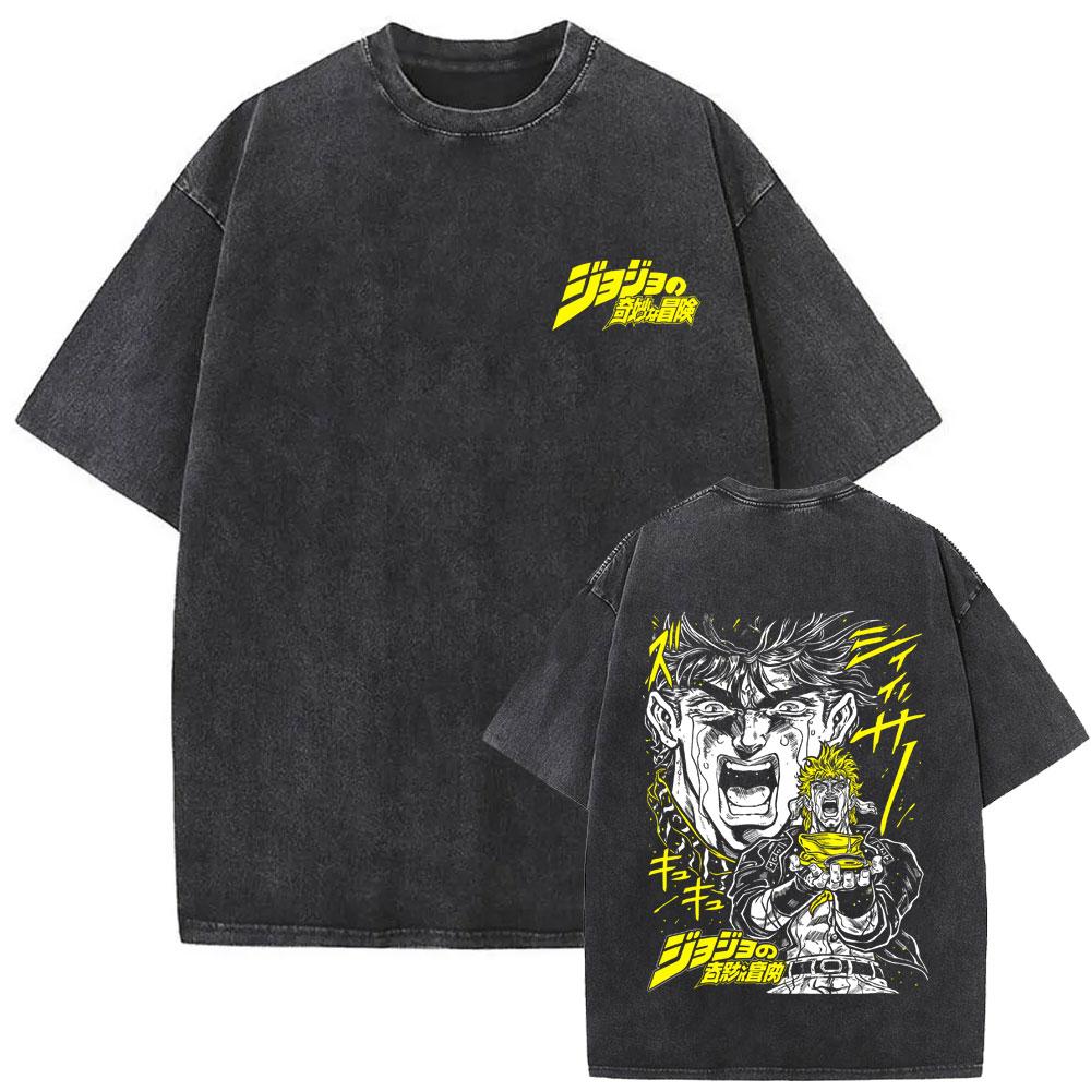 Washed Vintage Anime Jojo Bizarre Adventure Joseph Joestar Caesar Anthonio Zeppeli Print Tshirt Men Fashion Cartoon T Shirt Top