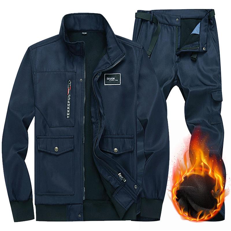 Men's Autumn and Winter Plus Velvet Work Clothes Suit Thickened Labor Insurance Clothing Tooling Jacket Cargo Pants 2-piece Set